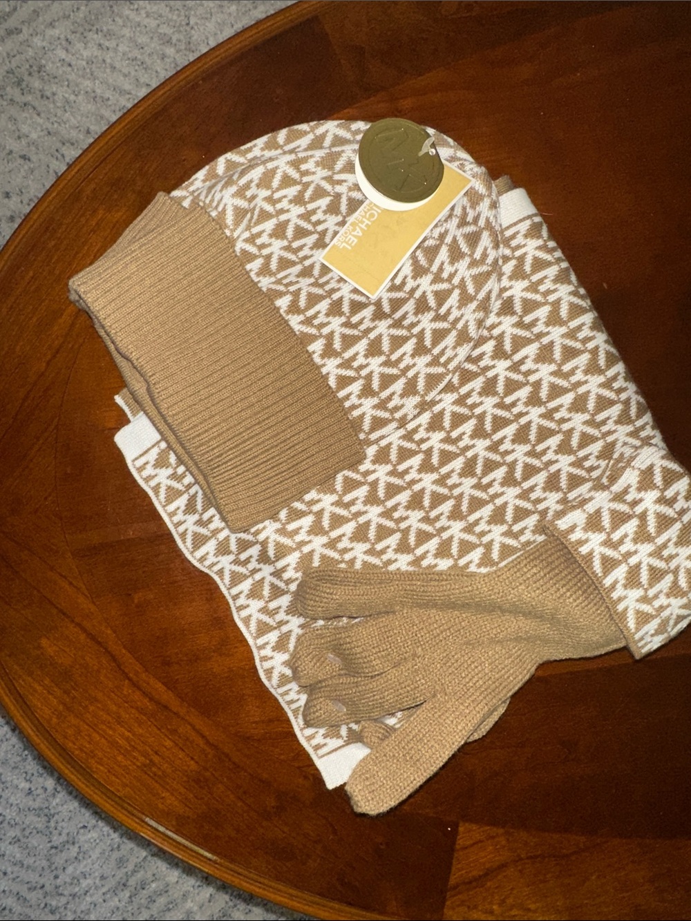 MICHAEL Michael Kors beige and white hat, scarf and mittens